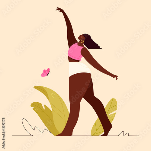 Elegant plus size woman posing trendy flat illustration. Happy cheerful Afro American lady  banner design. Body positive background. Feminism and self acceptance concept art