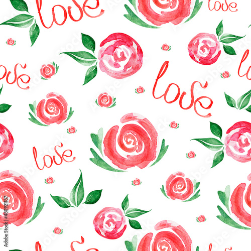 Fototapeta Naklejka Na Ścianę i Meble -  Roses and handwritten love watercolor seamless pattern. Template for decorating designs and illustrations.
