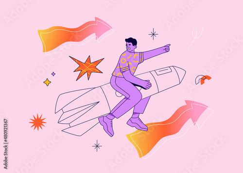 Launch and development of start up. Young man flying on the rocket in sky. Businessman aim for a goal. Hand drawn vector illustration isolated on purple background. Modern trendy flat cartoon style.