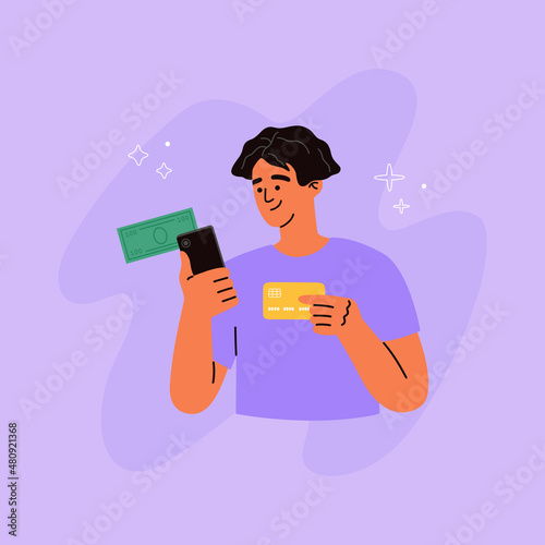 Young man holds credit card, phone and banknote. Payment online via mobile. Internet shopping, transfer money. Hand drawn vector illustration isolated on purple background. Trendy flat cartoon style