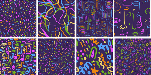 Set of colorful childish abstract hand drawn seamless pattern set. Contemporary minimal modern trendy freehand doodle. Templates for social media icons, posters. Vector