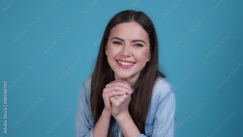 Delighted lady win million dollars jackpot isolated blue color background Delighted lady win million dollars jackpot isolated blue color background