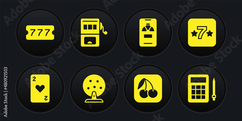 Set Playing card with heart, Casino slot machine, Lottery, Slot cherry, Lucky wheel on phone, Bingo and ticket icon. Vector