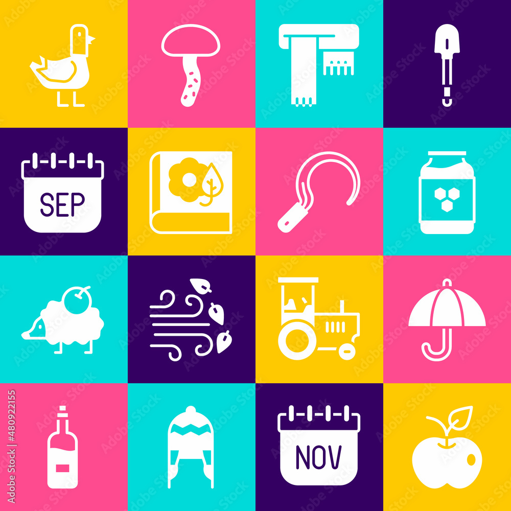 Set Apple, Umbrella, Jar of honey, Winter scarf, Herbarium, September calendar autumn, Dove and Sickle icon. Vector Set Apple, Umbrella, Jar of honey, Winter scarf, Herbarium, September calendar autumn, Dove and Sickle icon. Vector