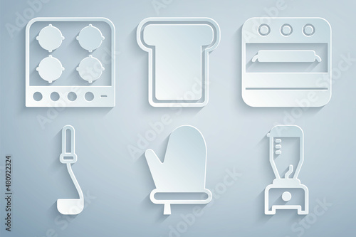 Set Oven glove, Kitchen ladle, Blender, Bread toast and Gas stove icon. Vector