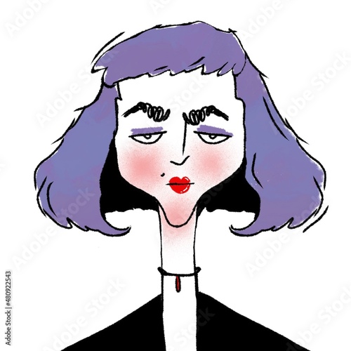 hand drawn caricature portrait of young stylish serious woman isolated on white