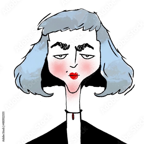 hand drawn caricature portrait of young stylish serious woman isolated on white