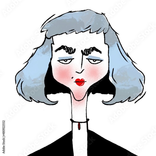 hand drawn caricature portrait of young stylish serious woman isolated on white