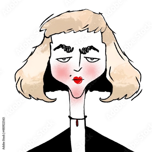 hand drawn caricature portrait of young stylish serious woman isolated on white