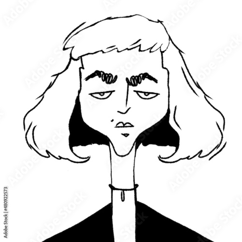 hand drawn caricature portrait of young stylish serious woman isolated on white