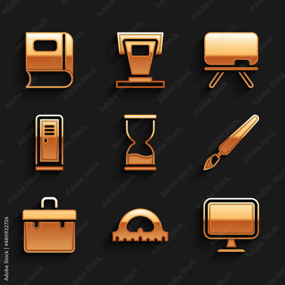 Set Old hourglass, Protractor grid, Computer monitor, Paint brush, Briefcase, Locker changing room, Chalkboard and Book icon. Vector Set Old hourglass, Protractor grid, Computer monitor, Paint brush, Briefcase, Locker changing room, Chalkboard and Book icon. Vector