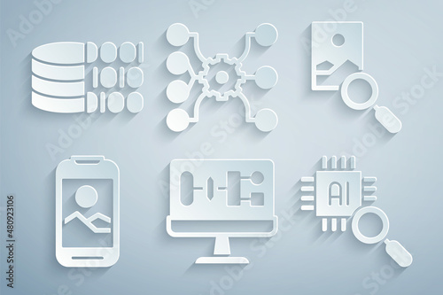 Set Algorithm, Photo retouching, Mobile phone, Processor CPU, Neural network and Binary code icon. Vector