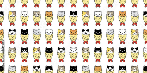 cat seamless pattern kitten vector tempura calico japan food shrimp breed neko cartoon character pet tile repeat wallpaper background scarf isolated illustration doodle design