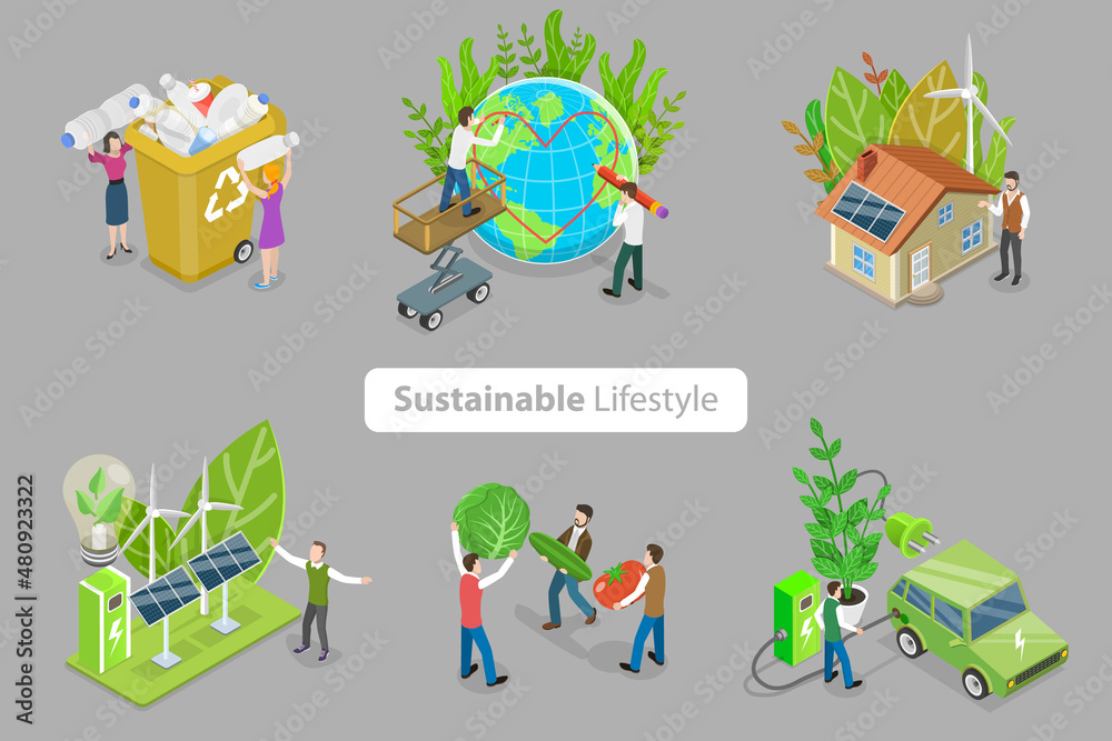 Fototapeta premium 3D Isometric Flat Vector Conceptual Illustration of Sustainable Lifestyle
