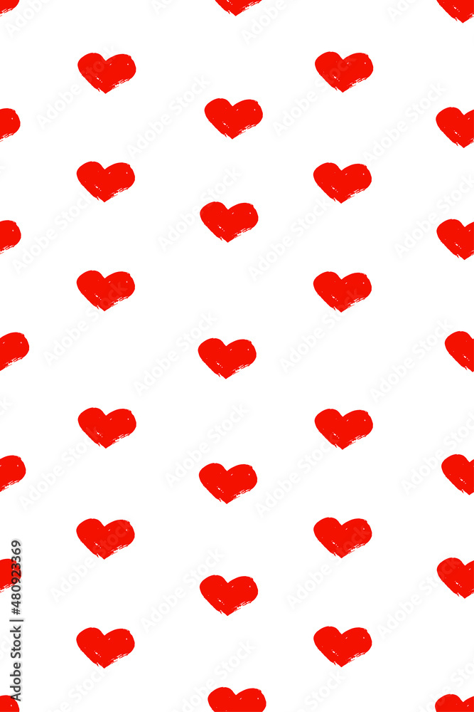 Seamless banner of red hearts isolated on white background. Valentine's day background. Romantic print for fabric, textile, valentine.