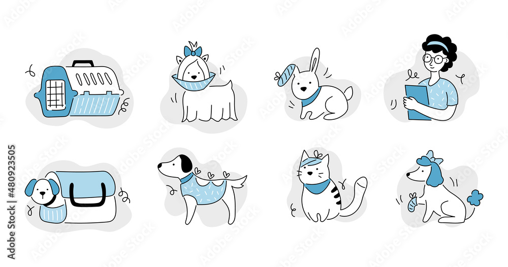 Fototapeta Pet veterinary clinic line icon set. Sick pet, animal, cat, dog for veterinarian sticker template. Doodle line style animal and character. Vector illustration.