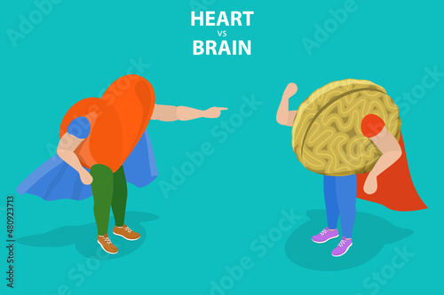 3D Isometric Flat Vector Conceptual Illustration of Heart vs Brain