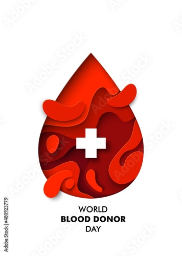 World Blood Donor Day vector poster template. Paper cut red blood drop with medical cross and text.