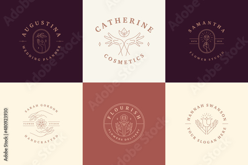 Feminine logos emblems design templates set with female hands and flowers vector illustrations minimal line art style