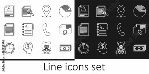 Set line Stacks paper money cash, Certificate template, Map pin, Phone book, Document, Resume, Telephone handset and with search icon. Vector