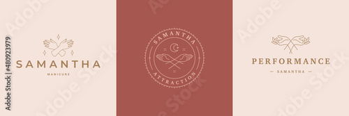 Magic logos emblems design templates set with mystic star and female hands