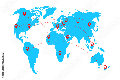 World map with marker signs. Route icon. Geotag symbol. Communication background. Vector illustration. Stock image.