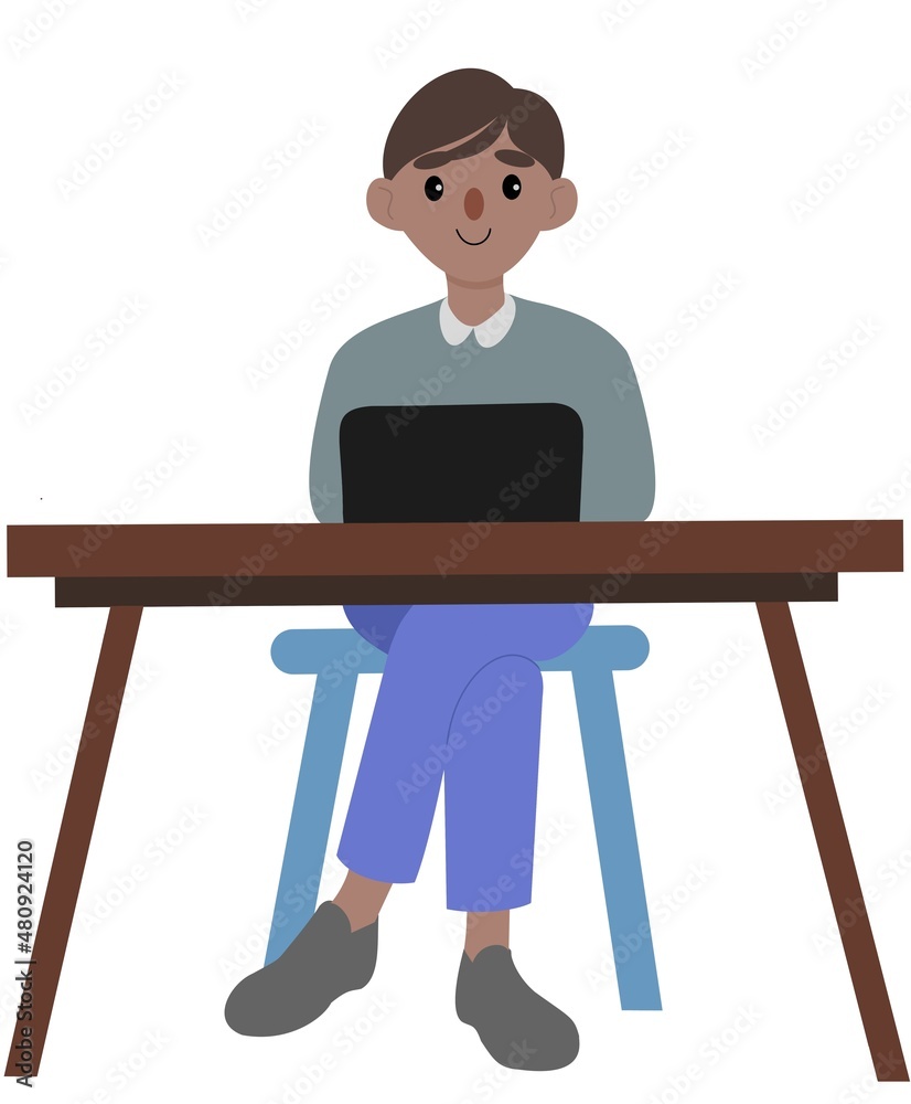 the guy is sitting on a chair at a table with a laptop and working the guy is sitting on a chair at a table with a laptop and working