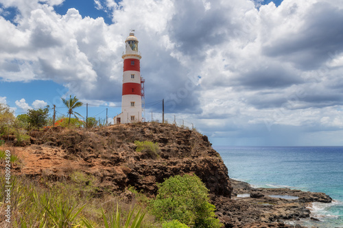 Lighthouse in Mauritius Island. Pointe aux Caves also known as Albion lighthouse, white and red color, Mauritius.