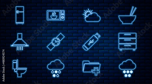 Set line Cloud with snow, Furniture nightstand, Sun cloud weather, Wrist watch, Kitchen extractor fan, Refrigerator, USB flash drive and Microwave oven icon. Vector