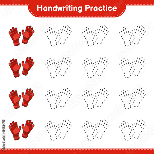 Handwriting practice. Tracing lines of Goalkeeper Gloves. Educational children game, printable worksheet, vector illustration