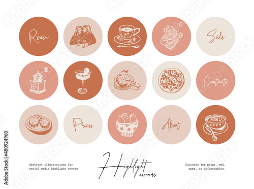 Set of hand drawn line art food and beverages illustrations for social media highlight cover