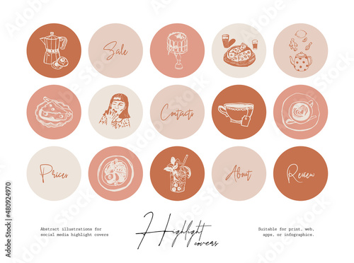 Set of hand drawn line art food and beverages illustrations for social media highlight cover