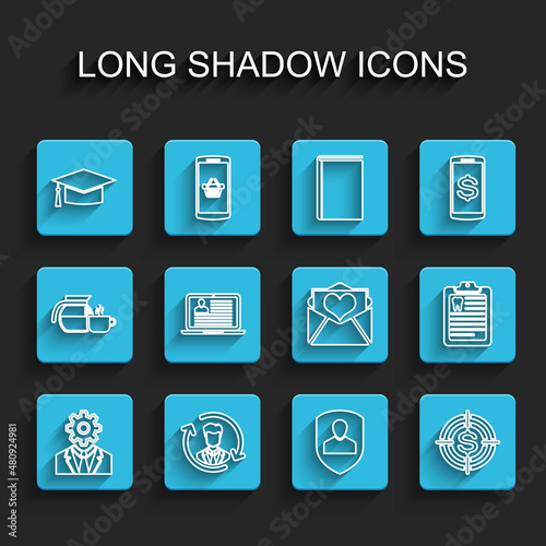 Set line Head with gear inside, Human resources, Graduation cap, User protection, Target dollar, Laptop resume, Clipboard dental card and Envelope Valentine heart icon. Vector