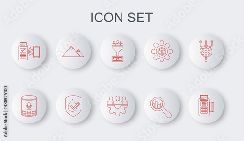 Set line POS terminal, Voice assistant, Lead management, Magnifying glass and analysis, Mountains, Waterproof and Project team base icon. Vector