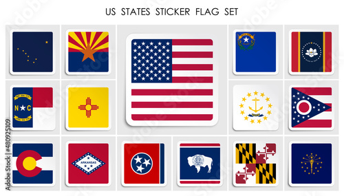 set of American states flags icon on paper square sticker with shadow. Button for mobile application or web. Vector
