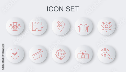 Set line Magnifying glass and dollar, Shield with check mark, Location star, Car DVR, Hourglass gear, Piece of puzzle, Contactless payment and Outsourcing concept icon. Vector