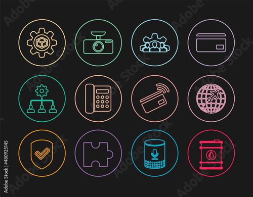 Set line Barrel oil, Globe with flying plane, Project team base, Telephone, Lead management, Product development, Contactless payment and Car DVR icon. Vector