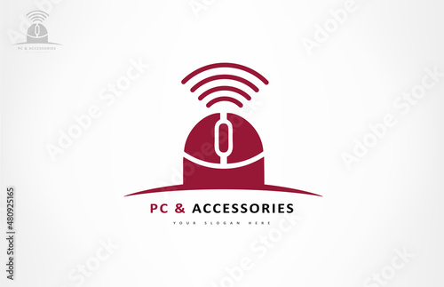 PC and accessories logo. Wireless computer mouse logo vector.