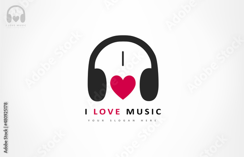 I love music. Headphones and heart logo vector.