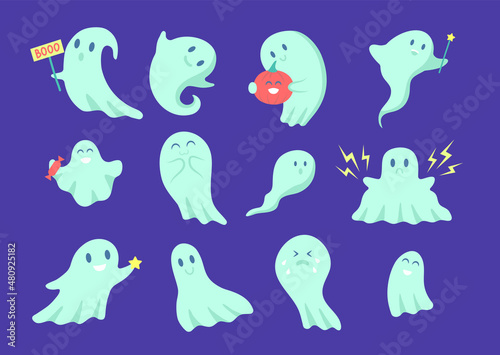 Cartoon Color Character Funny Happy Ghost Mascot Icon Set Flat Design Style. Vector illustration of Cute Ghosts