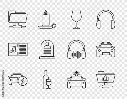 Set line Electric car, FTP folder upload, Wine glass, bottle with, Tombstone RIP written, Police and flasher and icon. Vector