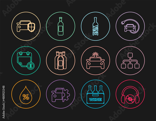 Set line Headphones and CD or DVD, Hierarchy organogram chart, Bottle of wine, Bottles, Calendar clock, Car protection insurance, Police car flasher and icon. Vector