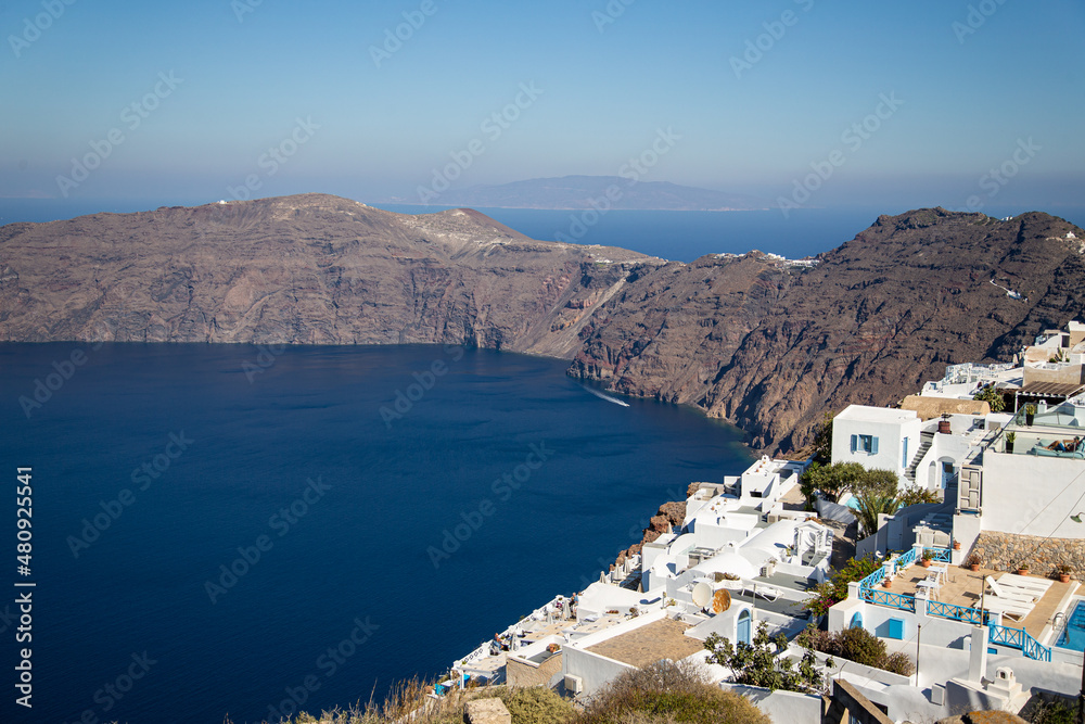 White villages on the clifftops of the caldera of Santorini