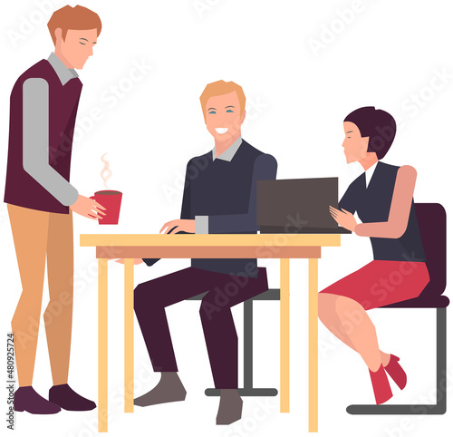 Businesspeople have project strategy planning meeting. Teamwork with business plan, creating new creative project. Meeting to discuss starting business. Colleagues discussing work in entrepreneurship