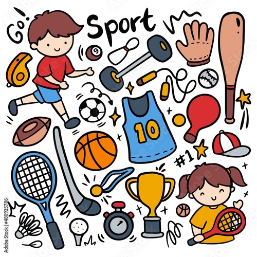 set of sport equipment in kawaii doodle style vector illustration