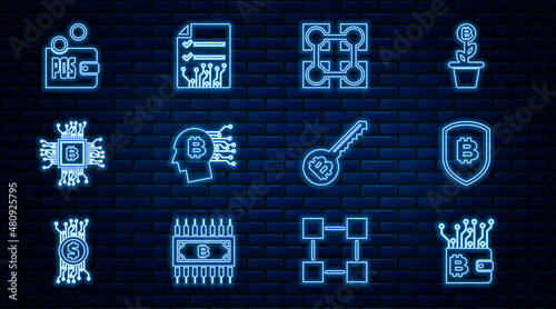 Set line Cryptocurrency wallet, Shield with bitcoin, Blockchain technology, Bitcoin think, CPU mining farm, Proof of stake, key and Smart contract icon. Vector