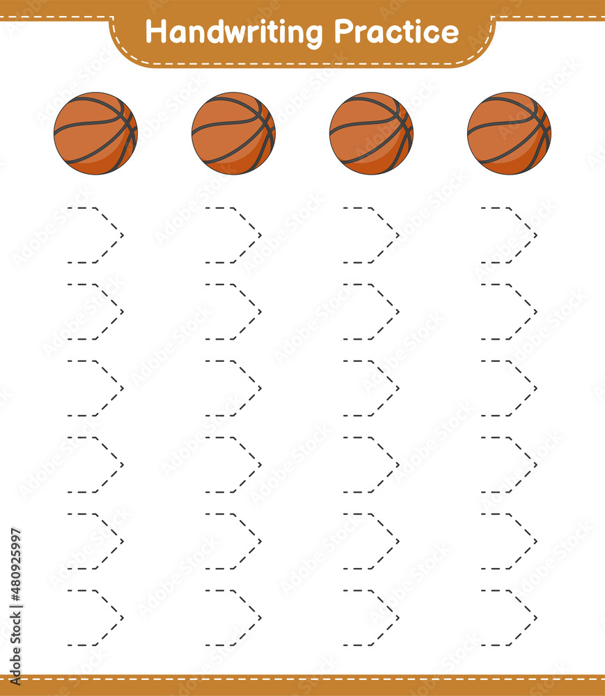 Handwriting practice. Tracing lines of Basketball. Educational children game, printable worksheet, vector illustration