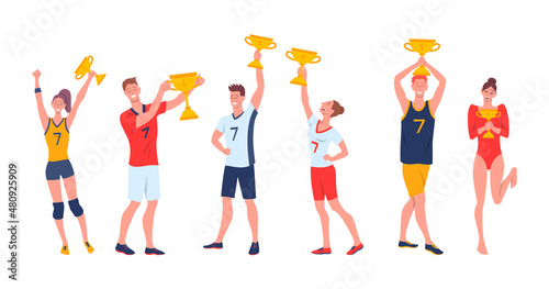 Cartoon Color Characters People Sportive Men and Women with Gold Cup Concept Flat Design Style. Vector illustration