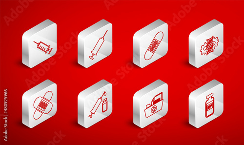Set line Medical vial, ampoule, Syringe, Bandage plaster, Gene editing, Health record folder, syringe and Crossed bandage icon. Vector