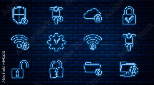 Set line FTP folder and lock, Scooter, Cloud computing, Time Management, Wifi locked, Shield security with, and Electric scooter icon. Vector